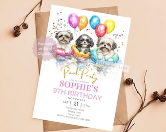 May include: A printable invitation for a pool party celebrating Sophie's 9th birthday. The invitation features a watercolour illustration of three Shih Tzu dogs wearing colourful inflatable rings and floating in a pool. The background includes colourful balloons and confetti. The text on the invitation reads "Pool Party", "Join us to celebrate Sophie's 9th Birthday", "November 21 | 3 PM", "The Spring House", "Happy Lane", "Party Town", and "RSVP to Emma at 123-456-7890".