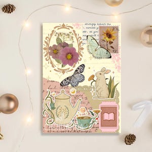 May include: A vintage-style collage featuring a teapot, a cup of tea, a butterfly, a rabbit, and a sunflower. The collage is on a cream-coloured background with handwritten text and decorative elements.