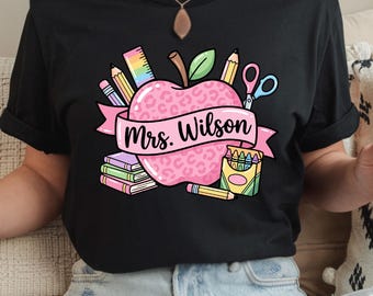 Custom Teacher Name Shirt: Personalized Pink Leopard Apple Tee, Back to School Supplies Top