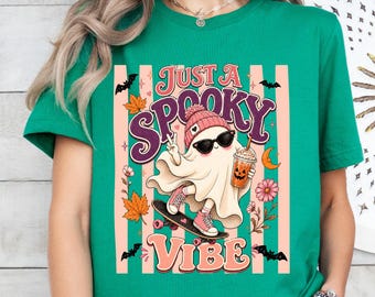 Just A Spooky Vibe Adult Shirt: Retro Halloween Ghost Graphic Tee