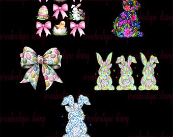 Floral Easter Bunny PNG Bundle: Coquette Bow, Retro Design (Digital Download)
