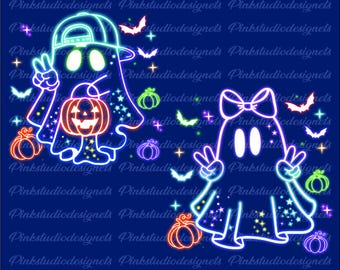 Neon Halloween Geister PNG: Retro Spooky Saison Clipart (Digitaler Download)