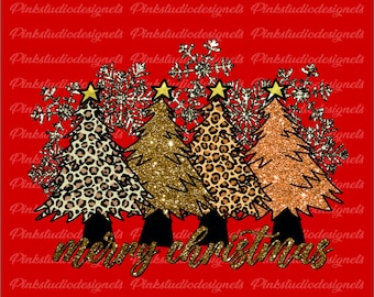 Glitter Leopard Christmas Trees PNG, Sublimation Design (Digital Download)