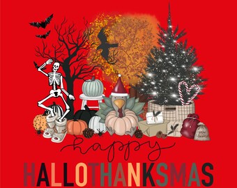 HalloThankMas PNG, Halloween, Thanksgiving, Christmas Design (Digital Download)
