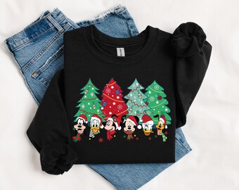 Disney Christmas Characters Sweatshirt: Xmas Trees Mickey and Minnie Friends