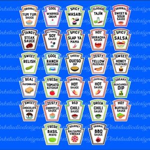 May include: A collection of 30 sauce labels with various flavors like Yum Yum Sauce, Wasabi, and Hot Sauce, displayed on a blue background. Each label features a unique illustration and flavor name, perfect for culinary enthusiasts.