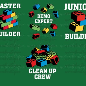 May include: A green background with colorful toy building blocks and text. The text includes "MASTER BUILDER", "JUNIOR BUILDER", "DEMO EXPERT", and "CLEAN UP CREW". The blocks are red, blue, yellow, and green.