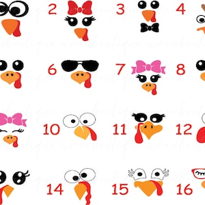 Turkey Face Svg-Png, Turkey face bundle, Turkey face clipart, Turkey cut files, cute turkey svg, Thanksgiving Svg_Png