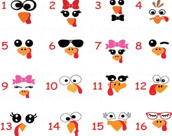 Turkey Face Svg-Png, Turkey face bundle, Turkey face clipart, Turkey cut files, cute turkey svg, Thanksgiving Svg_Png