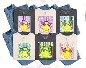 Comfort Colors© Striped Neon Back To School Shirt: Smiley School, Pre-K First Second Grade