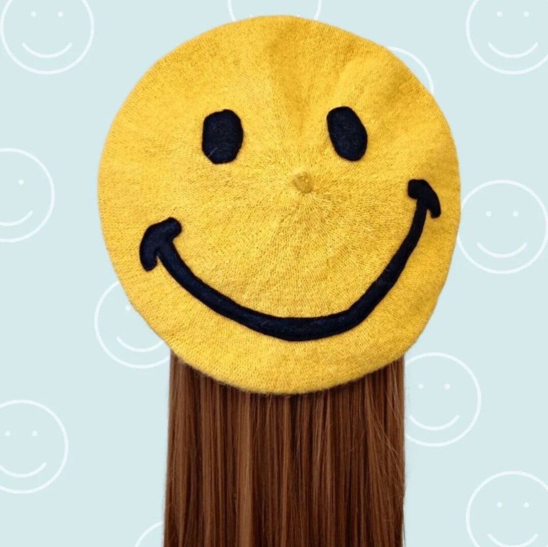 Happy Smiley Face Emoji Beret Hat Cute Fun Smiley Face Etsy