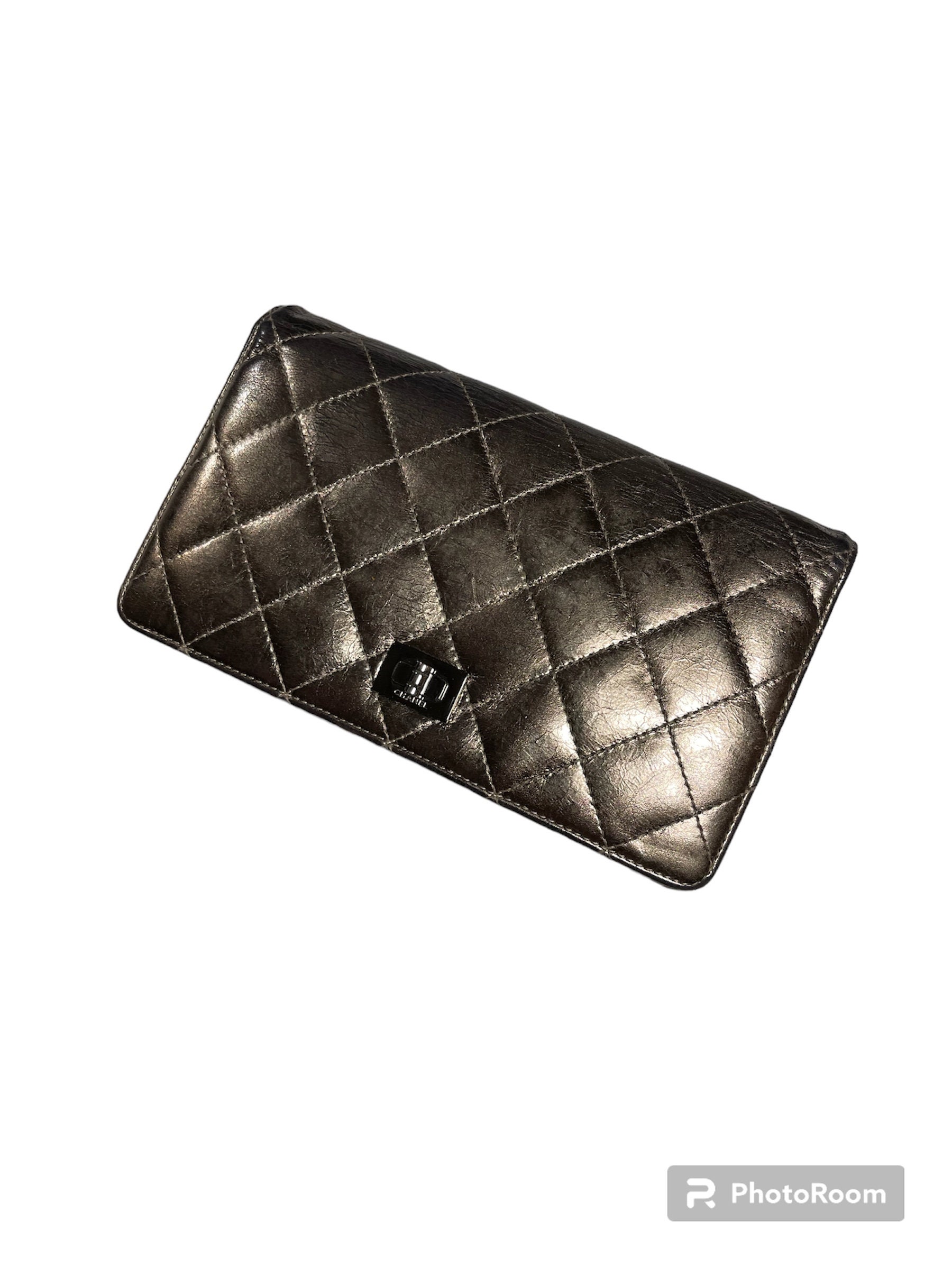 Chanel CHANEL 2.55 Tri-Fold Wallet Leather Black Gunmetal Metal