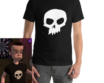 Disney Pixar Sid ispirato t-shirt Toy Story cosplay Bounding maglietta unisex per adulti nera con teschio bianco