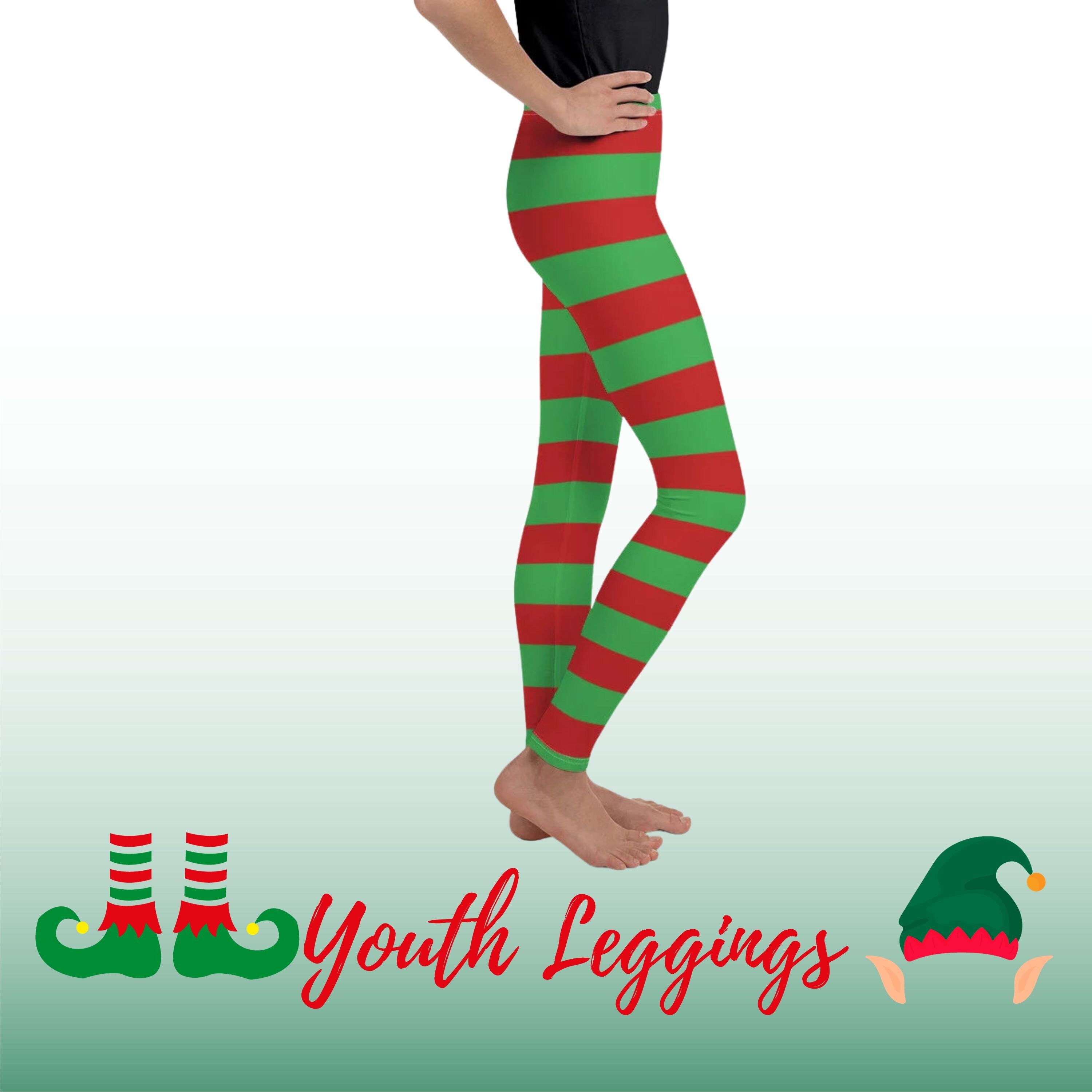 Youth Leggings Christmas Red and Green Stripes Holiday Elf Costume
