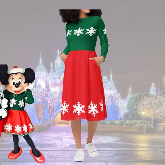 minnie christmas dress Mouse Womens Long Sleeve Midi Dress Disney Bounding Cosplay Holidays Snowflakes CHICME Womens 2 Piece