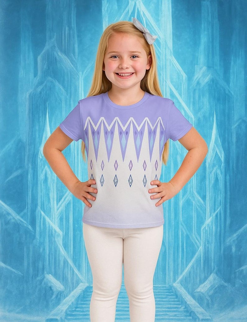 Puede incluir: Una ni&ntilde;a peque&ntilde;a con una camiseta de color p&uacute;rpura claro con un dise&ntilde;o geom&eacute;trico en blanco, azul claro y p&uacute;rpura. La camiseta tiene cuello redondo y mangas cortas. Tambi&eacute;n lleva leggings blancos. El fondo es un dise&ntilde;o azul helado.