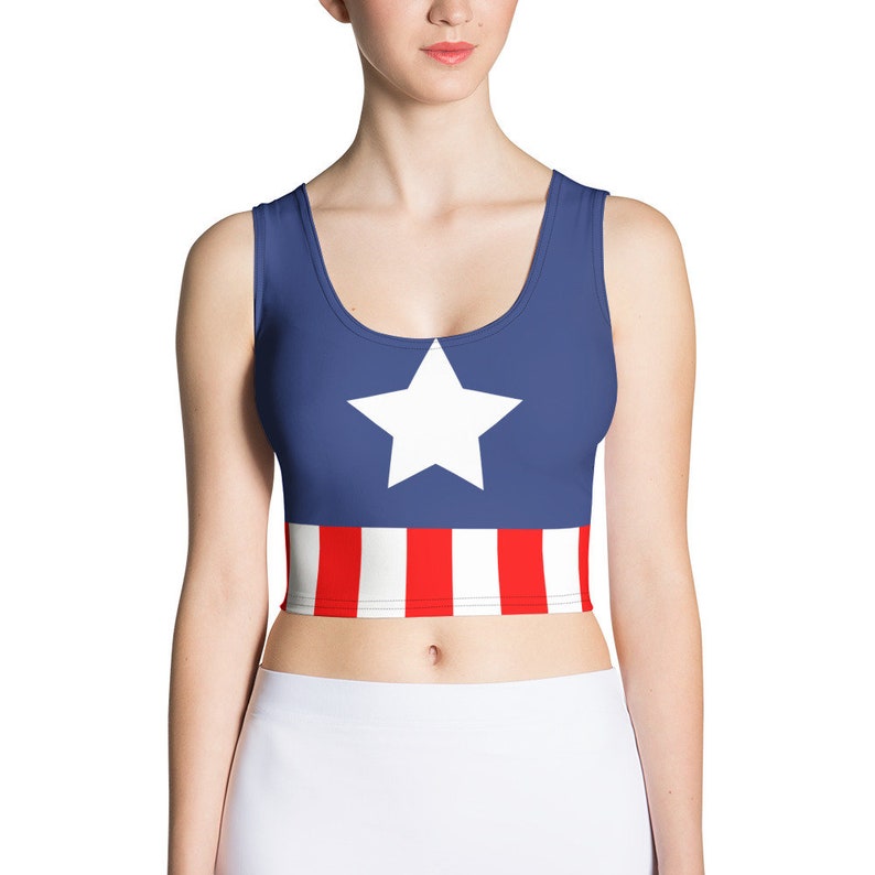 Womens Captain America Crop Top Shirt Disney Inspired Running top Activewear