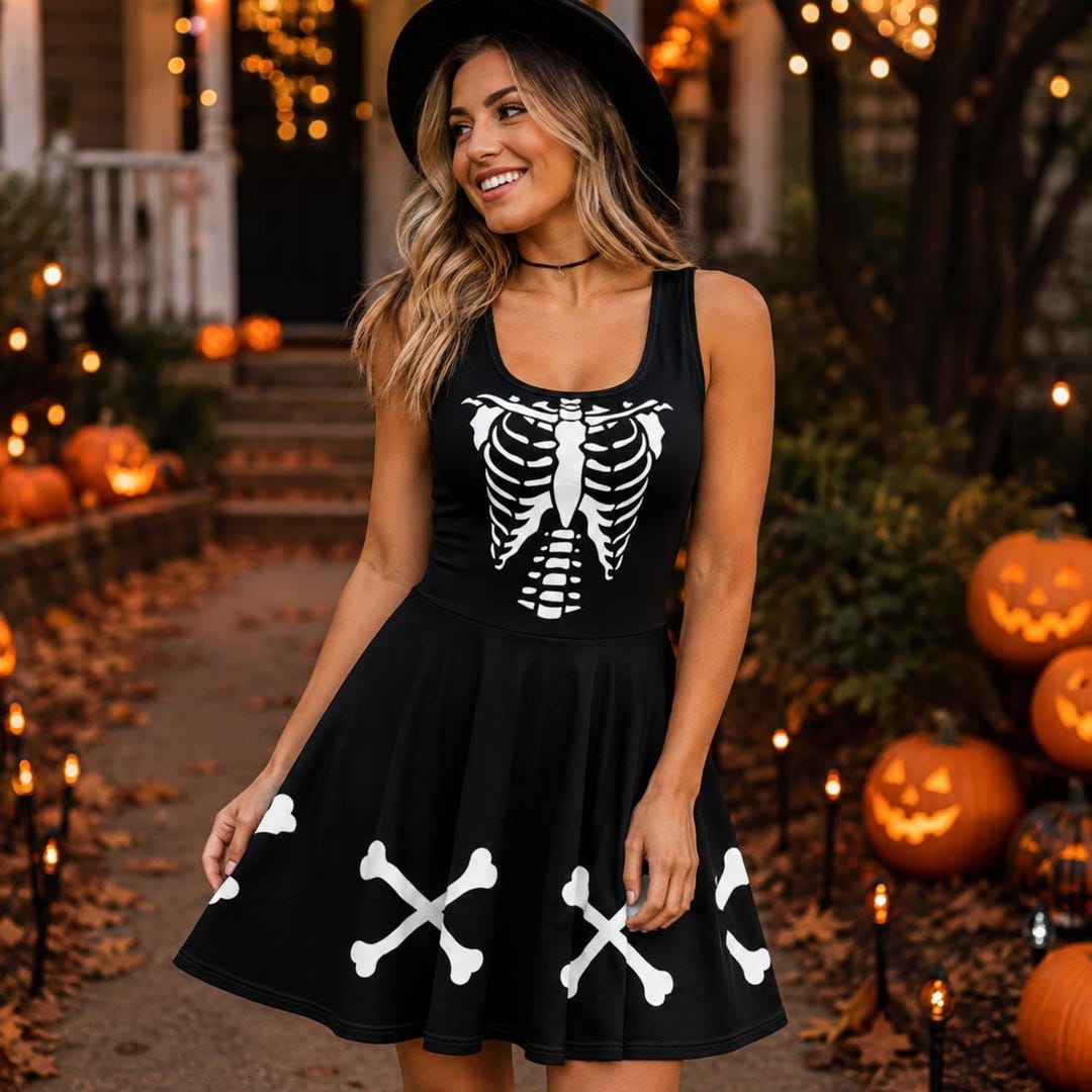 Skeleton Dress Womens Halloween costume bones Dress Black and White gothic