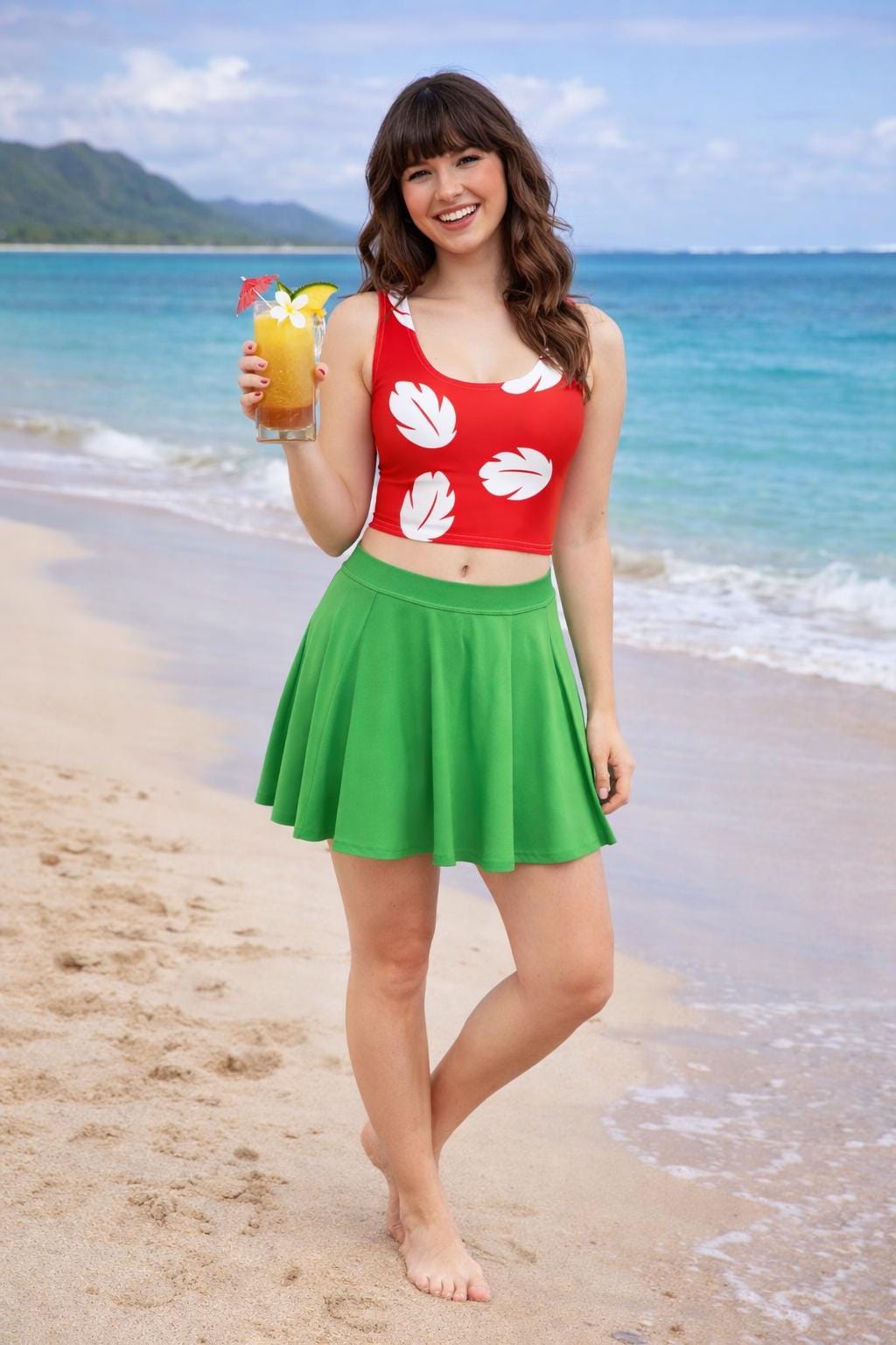 AYYOHON Costume Lilo Per Donna – Vestito Hawaiano Rosso Con Foglie E Copricapo, Perfetto Per Halloween E Feste A Tema