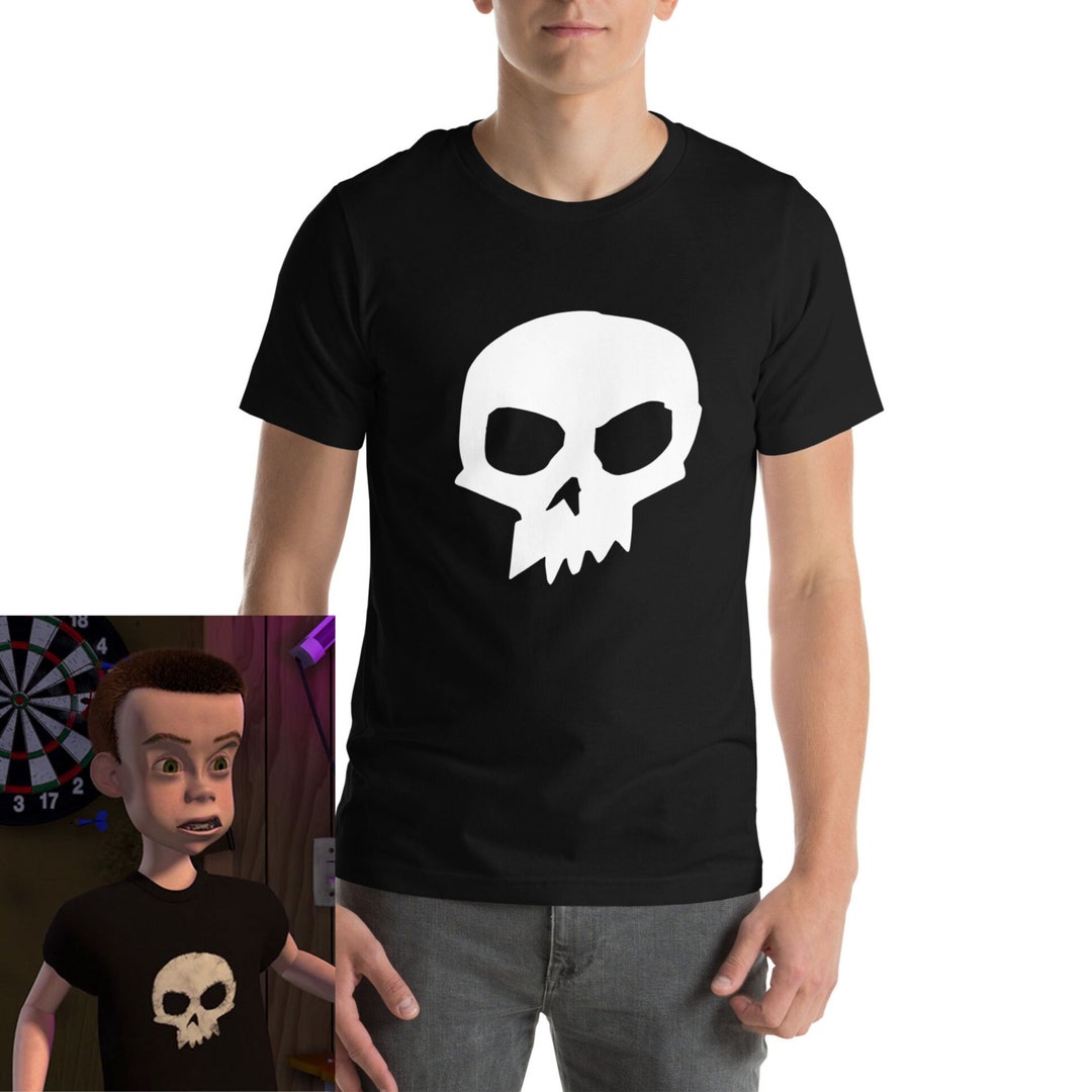 Disney Pixar Sid Inspired T-shirt Toy Story Cosplay Bounding Unisex Adult  Shirt Black With White Skull