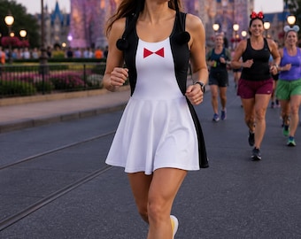 May include: A sleeveless athletic dress featuring a black and white color-blocked design that mimics a penguin, complete with a small red bow tie graphic on the chest, paired with a matching penguin-themed beanie hat and bright yellow sneakers.