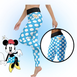 Womens Minnie Mouse Yoga Leggings Disney Vintage Minnie Mouse Blue polka dots activewear pants run Disney costume