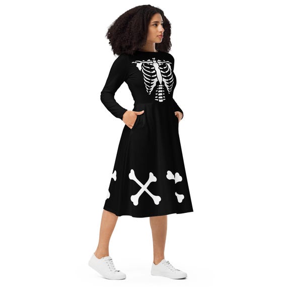 Skeleton Dress Womens Halloween Costume Long Sleeve Midi Dress Bones Black and White Gothic