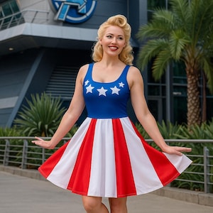 Op de afbeelding: Een mouwloze jurk met een patriottisch thema, met een blauwe top versierd met witte sterren en een rok met rood-witte strepen. De vrouw lacht en draagt witte hakken. De jurk heeft een ronde hals.