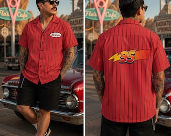 Cars Lightning McQueen mens button shirt Disney Pixar cosplay bounding mechanic shirt