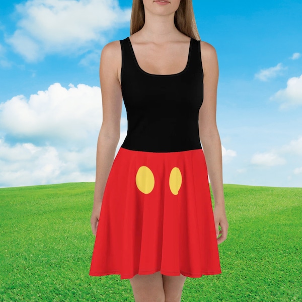 Damen Disney Micky Kleid Erwachsenenkostüm Disney Bounding Outfit Idee Minnie und Mickey-mouse Skater Kleid Rocklauf Disney läuft