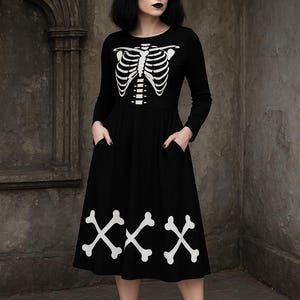 embroidered skeleton dress Queen Of Sparkles Black Neon Skeleton Halloween Midi Dress XS main image 0