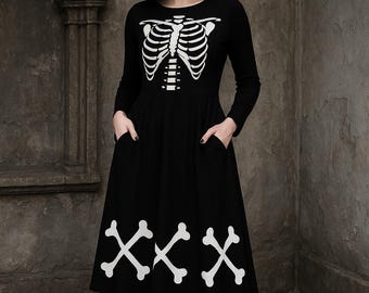 Skeleton Dress Womens Halloween Costume Long Sleeve Midi Dress Bones Black  and White Gothic - Etsy Israel