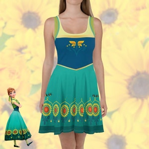 Womens Disney Anna Dress Frozen Fever running dress Princess costume cosplay outfit sunflowers