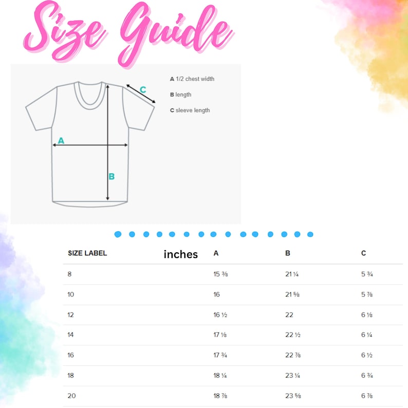 Puede incluir: Un gr&aacute;fico de gu&iacute;a de tallas con el texto "Size Guide" en escritura rosa. La gu&iacute;a incluye un diagrama de una camiseta con medidas etiquetadas para el ancho del pecho, la longitud y la longitud de la manga, junto con una tabla de tallas.