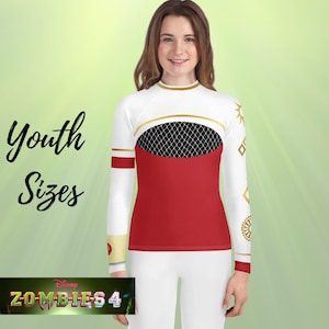 May include: A white and red long-sleeve shirt with gold accents and a black mesh design. The shirt has the text "Youth Sizes" in black script. The bottom of the shirt has the text "Disney Z-O-M-B-I-E-S 4".