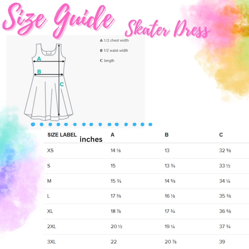 Op de afbeelding: Maattabel voor een skaterjurk, met afmetingen in inches. De gids bevat borstbreedte, taillebreedte en lengte voor maten XS tot 3XL. De tekst "Skater Dress" is in cursief geschreven.
