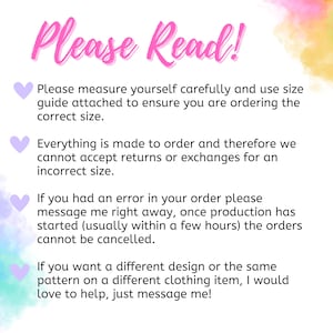 May include: A white background with text in pink cursive that reads "Please Read!". Below the title are four bullet points with information about ordering and returns. The background has watercolor-style pastel colors.