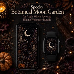 Może przedstawiać: Cyfrowy zestaw zawierający smartfon i smartwatch z motywem Spooky Botanical Moon Garden, przedstawiającym półksiężyce, duchy i ciemne liście. Tekst głosi Spooky Botanical Moon Garden for Apple Watch Face and iPhone Wallpaper Bundle.