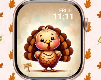 Fondo de pantalla para Apple Watch con temática otoñal de Acción de Gracias y pavo gracioso (descarga digital)