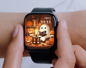 Ghost Reading Apple Watch Face – Halloween Pumpkin Wallpaper (Digital Download)