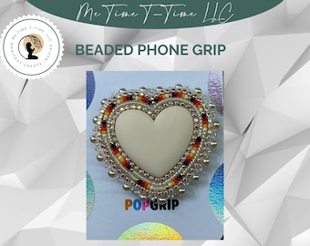 Beaded Heart Phone Grip: Ivory with Fire Colors, Indigenous Style