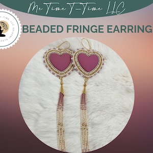 Beaded Fringe Earrings, Hearts, Crystals, Beads, Mauve, Cabochons, Indigenous Jewelry, Indigenous Made, Indigenous Earrings, Ready to Ship.