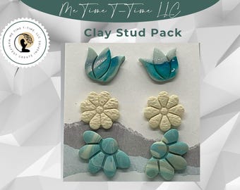 Handgemachte Ohrstecker aus Polymer Clay: Aqua, Elfenbein, Tulpe, Gänseblümchen