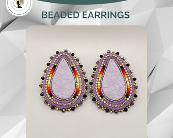 Embossed Clay Slab Beaded Earrings, Purple Dangle, Indigenous Style
