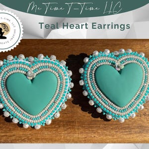 Beaded Heart Earrings, Teal Heart, Resin Cabochon, Indigenous Jewelry, Indigenous Made, Indigenous Earrings, Ready to Ship.