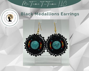 Black Beaded Medallion Earrings: Indigenous Statement Jewelry