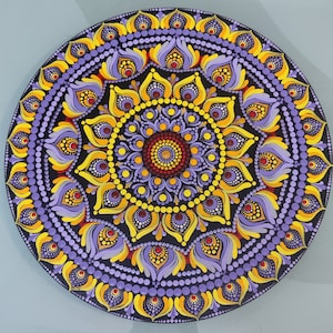 Handgeschilderd, stip-mandalakunst, 12 inch, mdf-plaat, paarse en gele acrylkleur, interieur, beste cadeau, kunst aan de muur, meditatieve muurkunst, schilderij