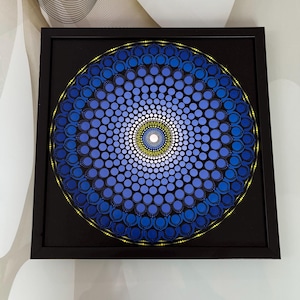 Mandala stip, blauw en geel, acrylkleur, handgeschilderd, kunst aan de muur, 12 inch, mdf-plaat, interieur, beste cadeau, meditatieve kunst, acrylschilderij