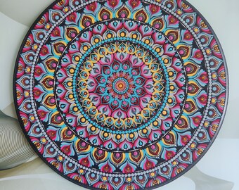 ドットマンダラアート、手描き、18インチ、青とピンク、アクリルカラー