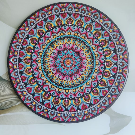 曼陀羅アート ドットマンダラアート、手描き、18インチ、青とピンク、アクリルカラー